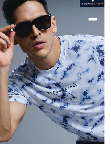 OR824 Men Abstract Print Slim Fit Crew Neck T-shirt with TECHNO COOL+ | WHITE