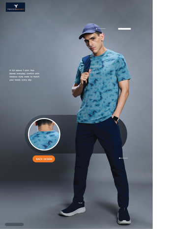 OR824 Men Abstract Print Slim Fit Crew Neck T-shirt with TECHNO COOL+ | BLUE STONE