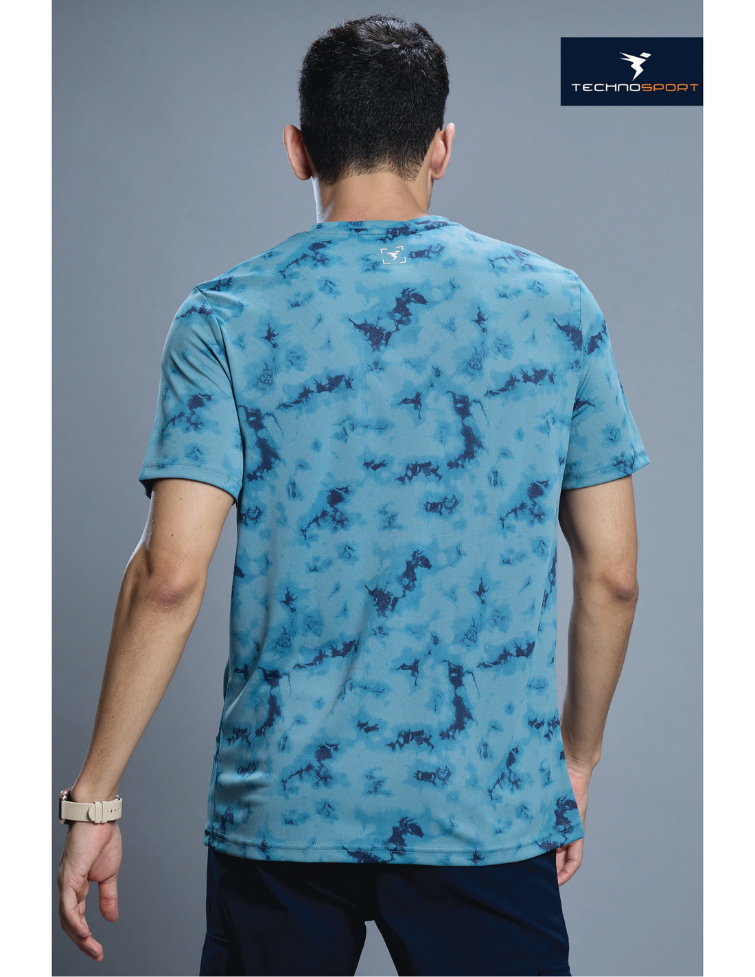 OR824 Men Abstract Print Slim Fit Crew Neck T-shirt with TECHNO COOL+ | BLUE STONE