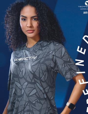 W150 Women Jacquard Boxy Fit Round Neck T-shirt with DOUBLE COOL | WOOLAND GREY