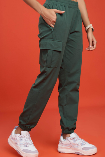 W139 Women Solid Slim Fit Cargo Trackpants with TECHNO GUARD | TREKKING GREEN