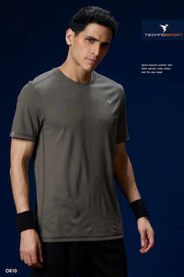 OR10 Men Solid Slim Fit Crew Neck T-shirt with TECHNO COOL+ |SMOKEY OLIVE