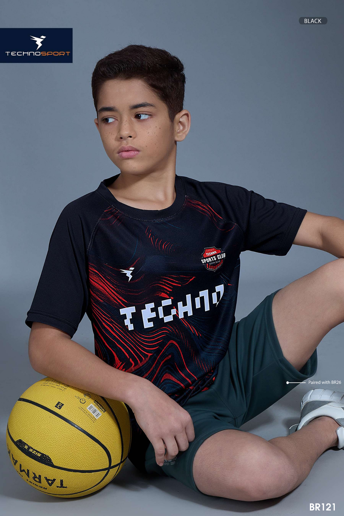 B121 Boys Printed Slim Fit Crew Neck T-shirt with TECHNOLITE | BLACK