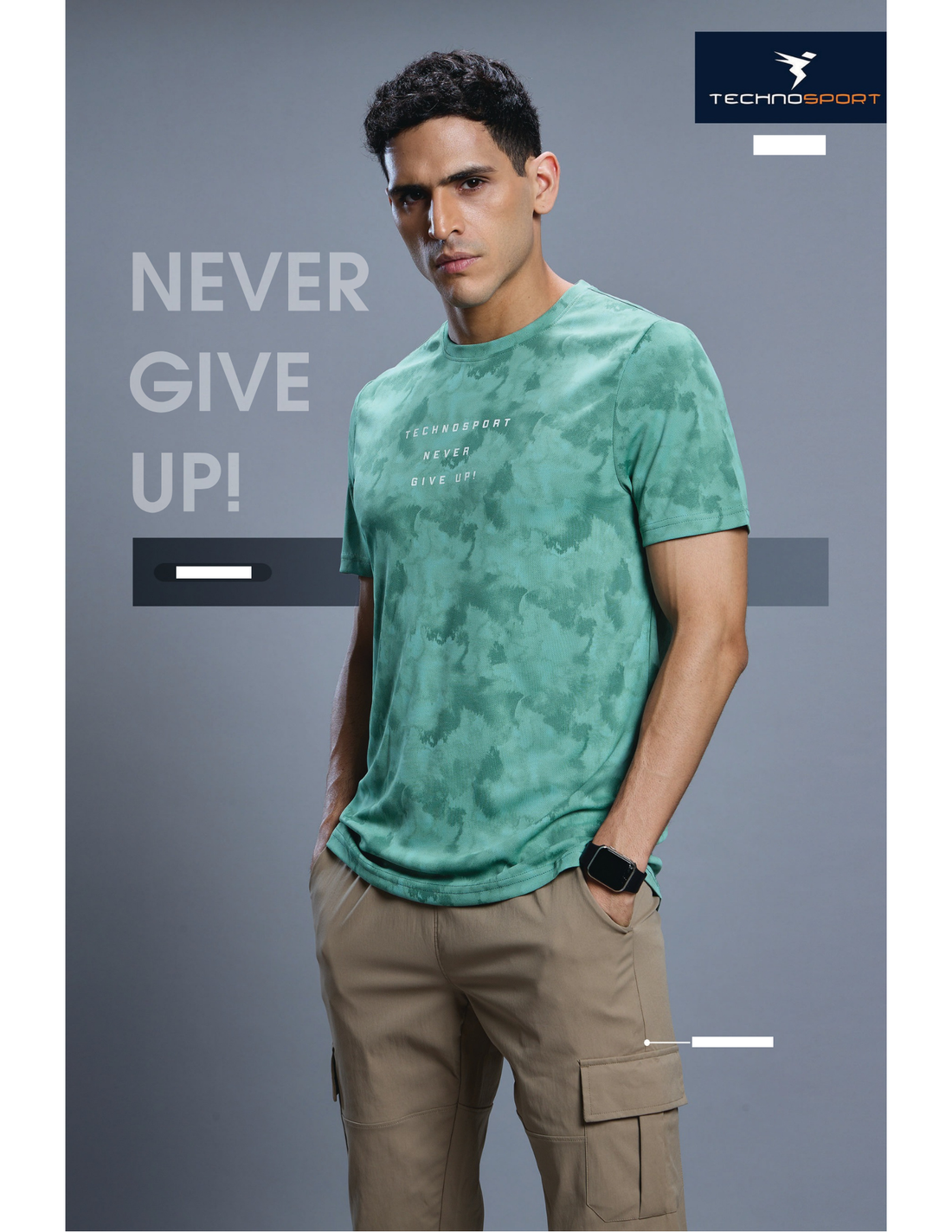 OR824 Men Abstract Print Slim Fit Crew Neck T-shirt with TECHNO COOL+ | LAKE GREEN