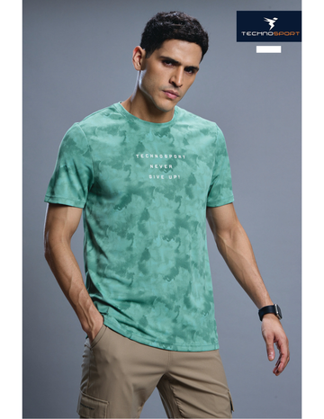 OR824 Men Abstract Print Slim Fit Crew Neck T-shirt with TECHNO COOL+ | LAKE GREEN
