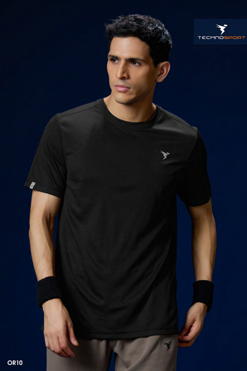 OR10 Men Solid Slim Fit Crew Neck T-shirt with TECHNO COOL+  | BLACK