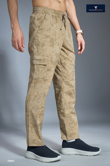 OR839 Men Printed Straight Fit Sports Cargo Trackpants with TS LYTRA | KHAKI