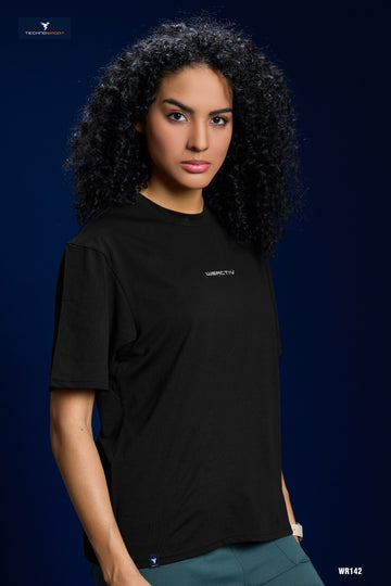 W142 Women Printed Boxy Fit Round Neck T-shirt with COTFLEX | BLACK