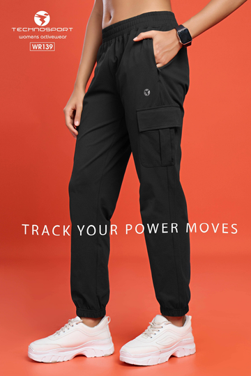 W139 Women Solid Slim Fit Cargo Trackpants with TECHNO GUARD | BLACK