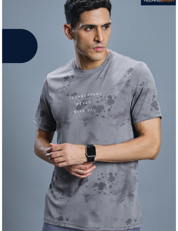 OR824 Men Abstract Print Slim Fit Crew Neck T-shirt with TECHNO COOL+ | LIGHT GREY