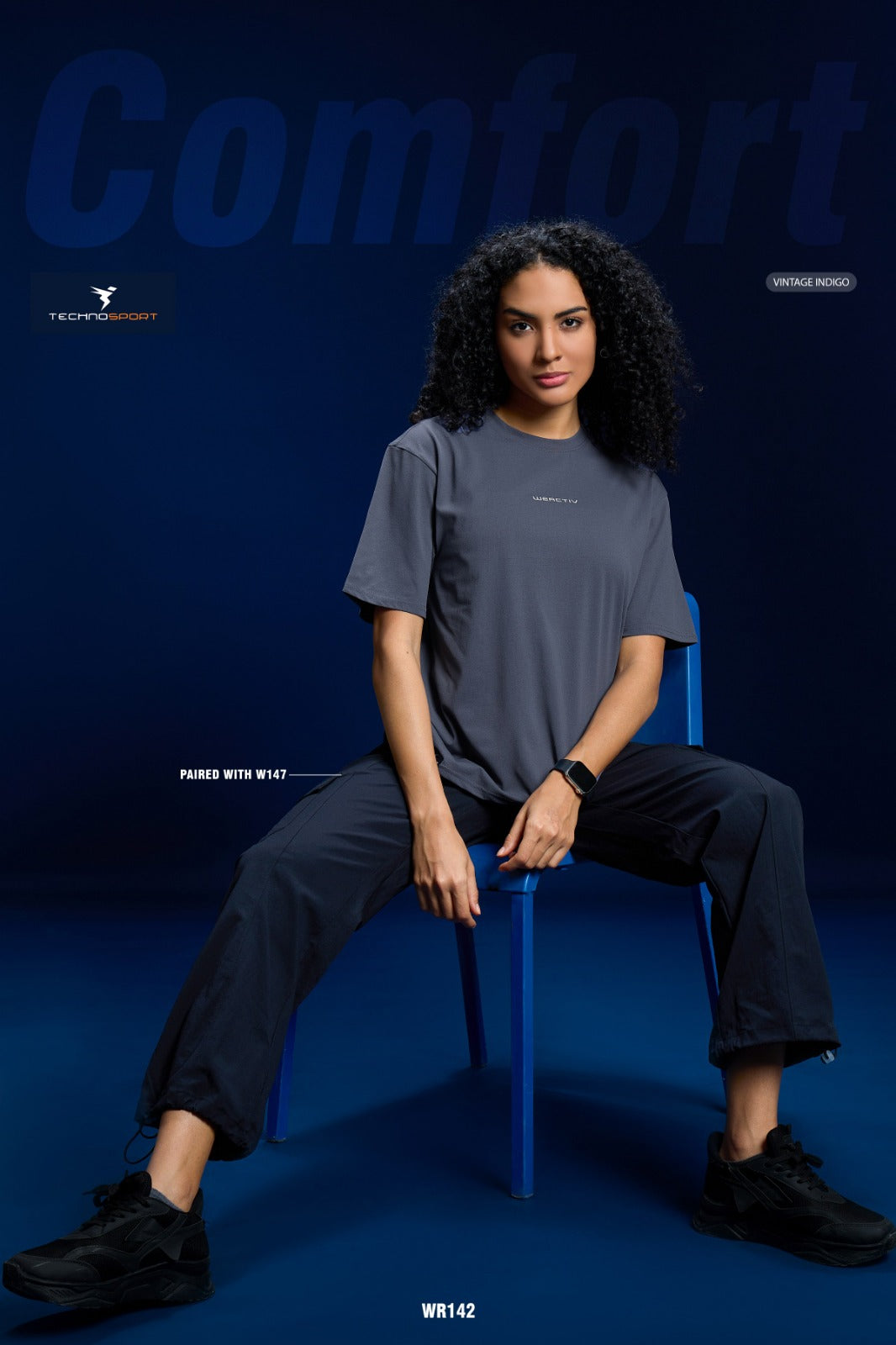 W142 Women Printed Boxy Fit Round Neck T-shirt with COTFLEX | Vintage Indigo