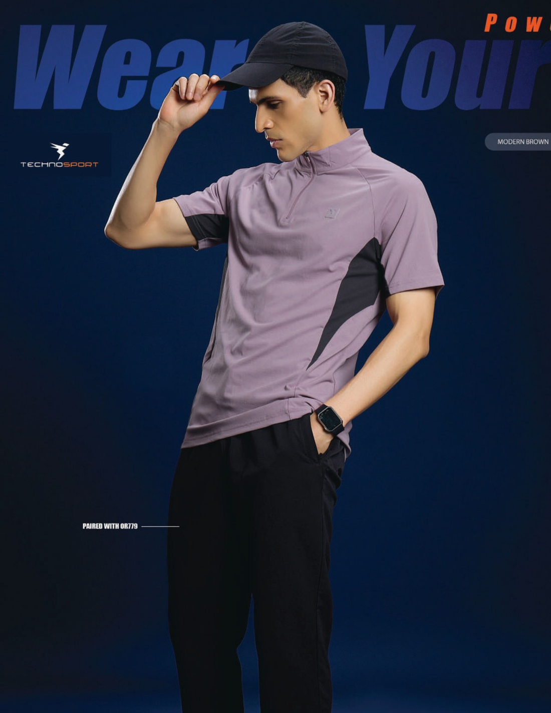 P922 Men Colorblock Slim Fit Mock Neck Sports T-shirt with COTFLEX | MODERN BROWN