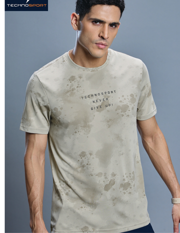 OR824 Men Abstract Print Slim Fit Crew Neck T-shirt with TECHNO COOL+ | OYSTER GREY