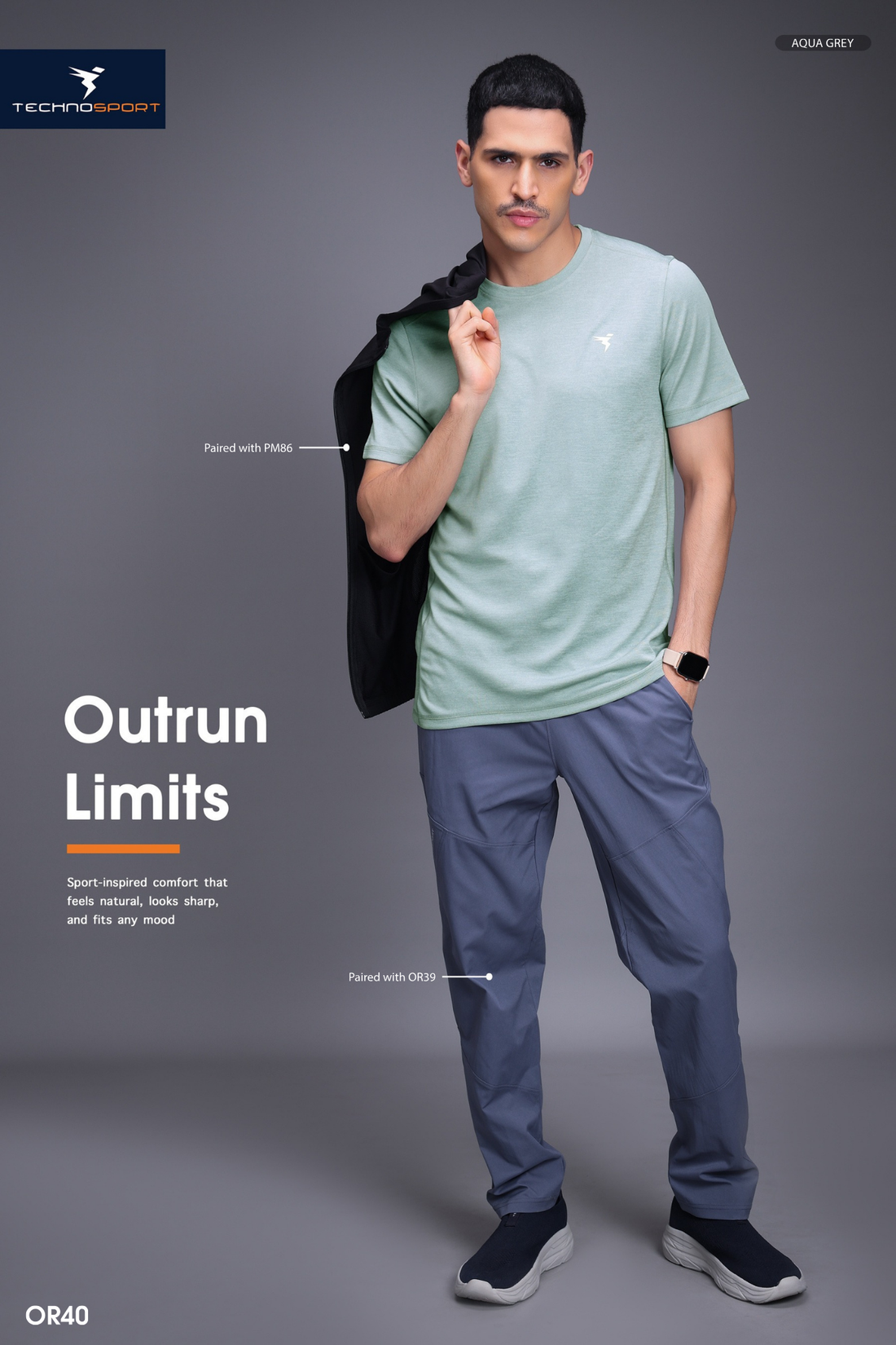 OR40 Men's Melange Crew Neck Slim Fit Half Sleeve T-shirt | AQUA GREY