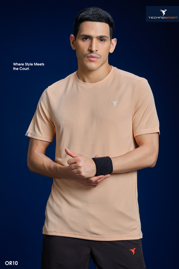 OR10 Men Solid Slim Fit Crew Neck T-shirt with TECHNO COOL+ | PEACH