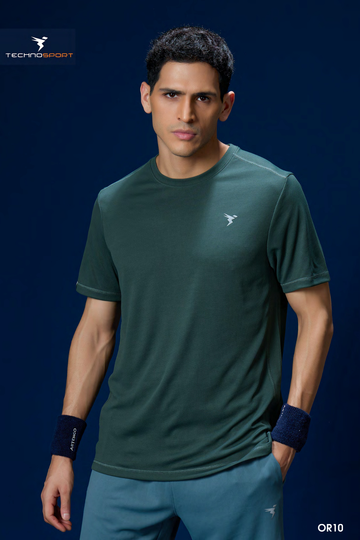 OR10 Men Solid Slim Fit Crew Neck T-shirt with TECHNO COOL+ | TREKKING GREEN
