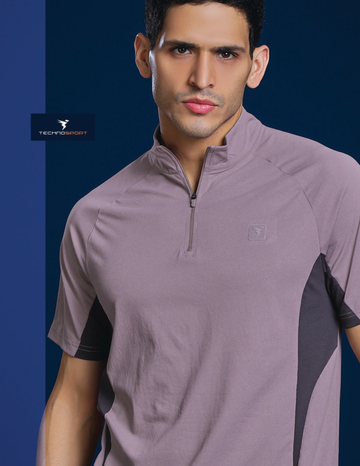 P922 Men Colorblock Slim Fit Mock Neck Sports T-shirt with COTFLEX | MODERN BROWN