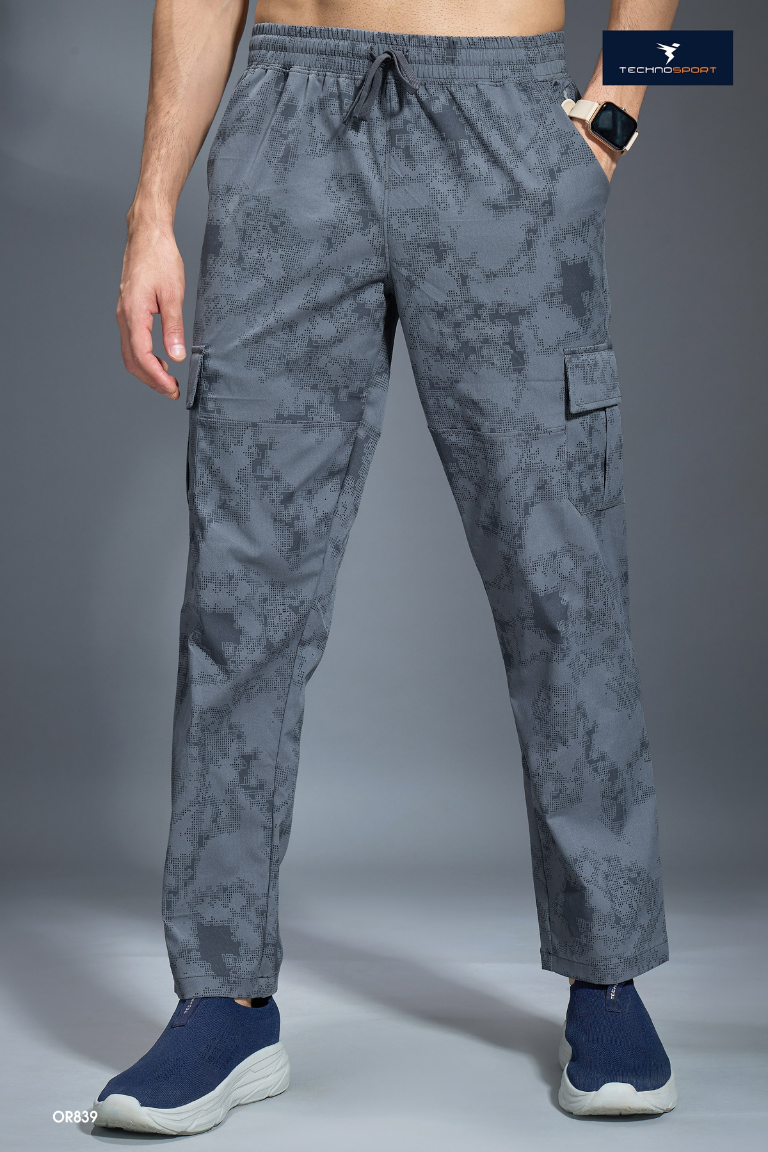 OR839 Men Printed Straight Fit Sports Cargo Trackpants with TS LYTRA | WOODLAND GREY