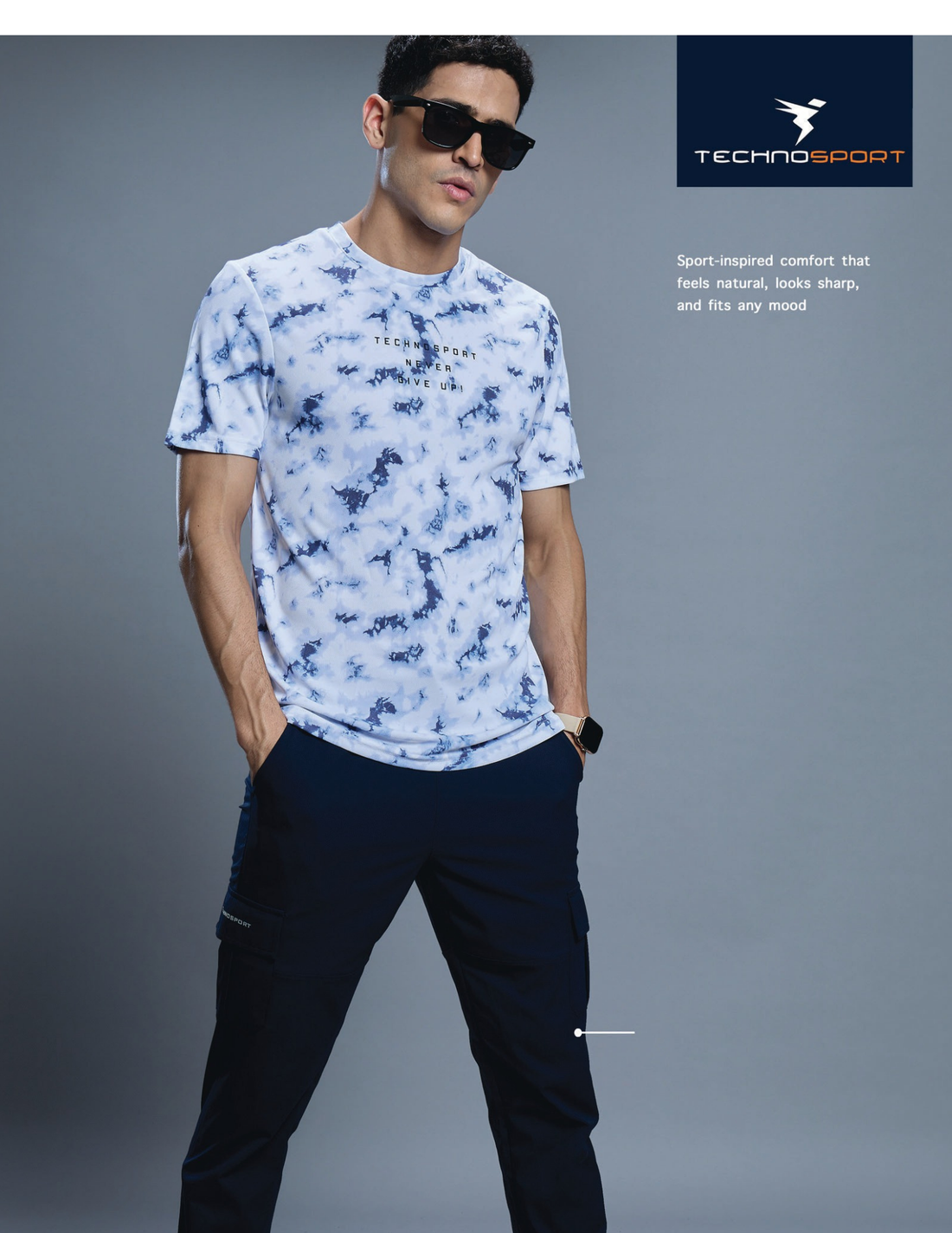 OR824 Men Abstract Print Slim Fit Crew Neck T-shirt with TECHNO COOL+ | WHITE