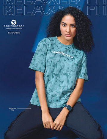 W150 Women Jacquard Boxy Fit Round Neck T-shirt with DOUBLE COOL | LAKE GREEN