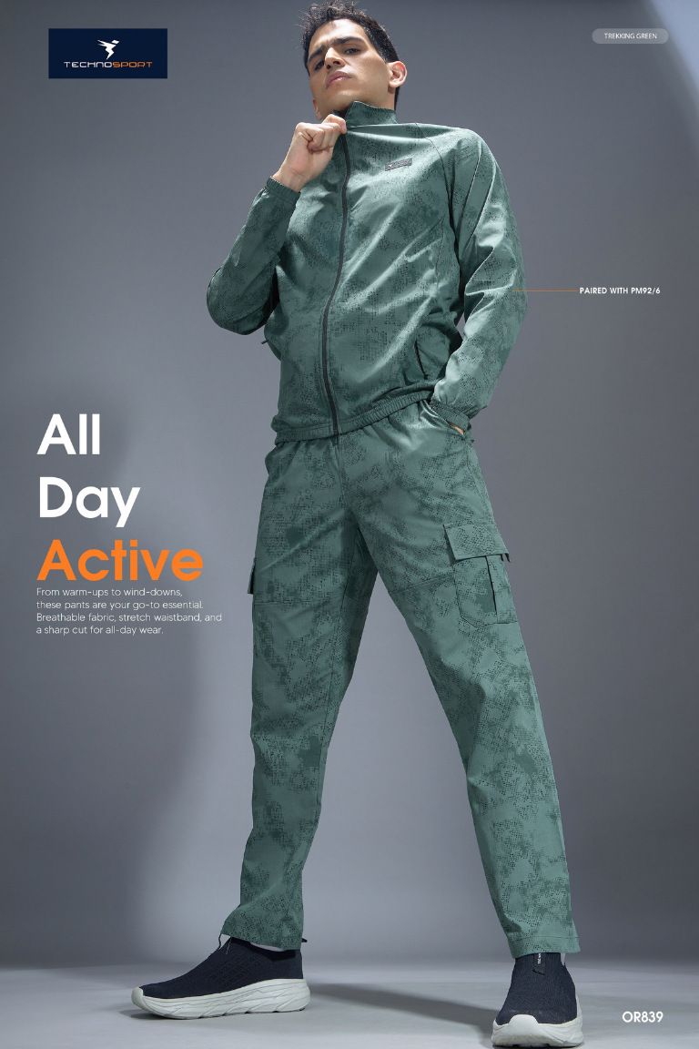 OR839 Men Printed Straight Fit Sports Cargo Trackpants with TS LYTRA | TREKKING GREEN