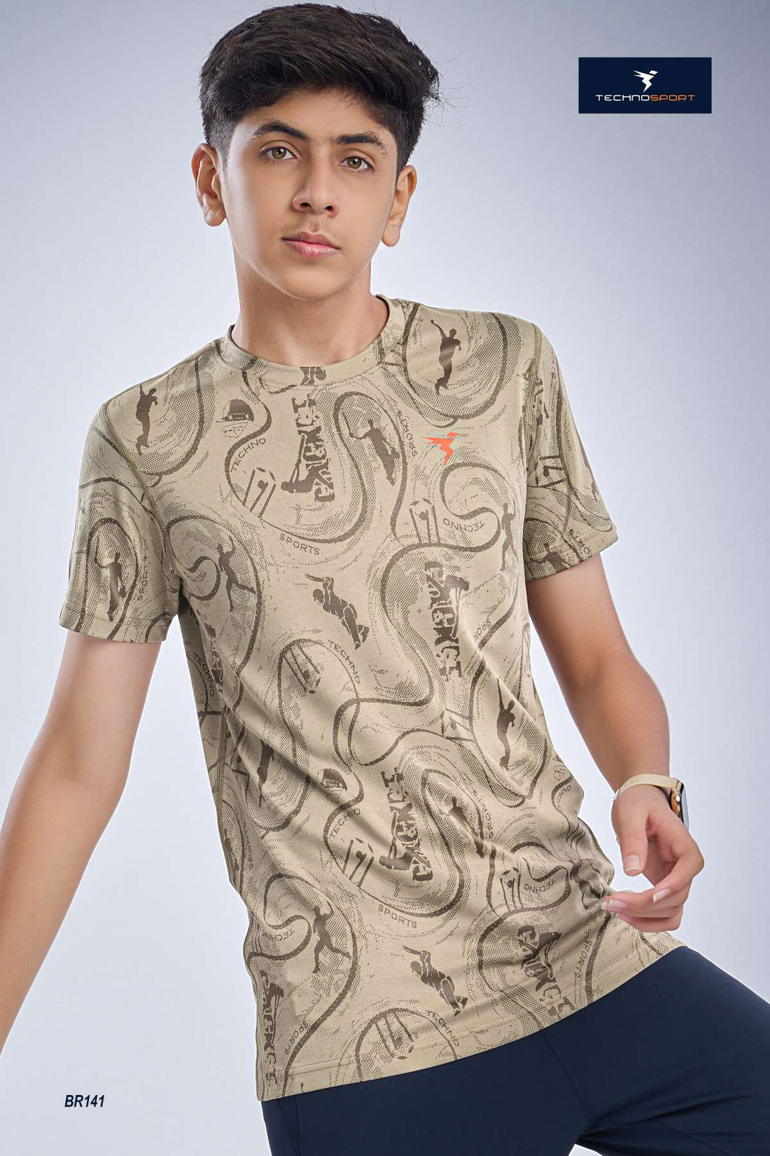 BR141 Boys Melange Crew Neck Slimfit Half sleeve T-shirts | STONE GREY