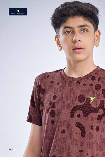 BR141 Boys Melange Crew Neck Slimfit Half sleeve T-shirts | BROWN