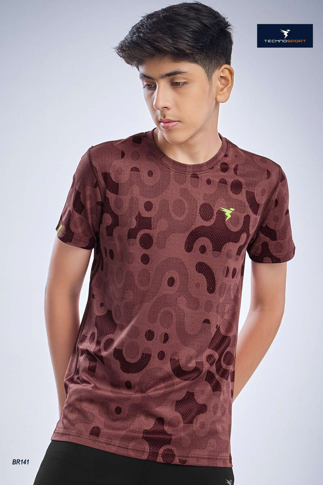 BR141 Boys Melange Crew Neck Slimfit Half sleeve T-shirts | BROWN