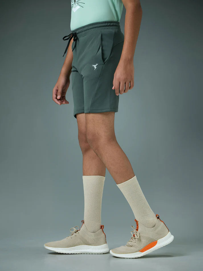 BR26 Boys Solid Slim Fit Shorts with TECHNO GUARD | TREKKING GREEN