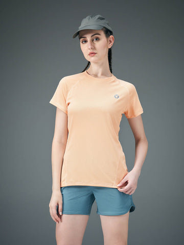 W105 Women Solid Slim Fit Crew Neck T-shirt with TECHNO COOL | peach