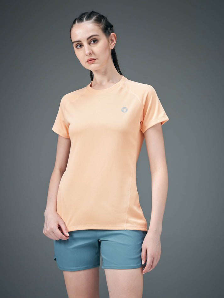 W105 Women Solid Slim Fit Crew Neck T-shirt with TECHNO COOL | peach