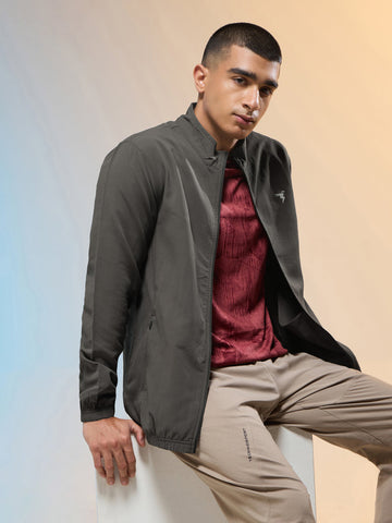 Men Solid Slim Fit Mock Neck Jacket with TECHNOLITE | BLACK OLIVE
