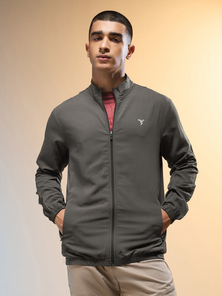 Men Solid Slim Fit Mock Neck Jacket with TECHNOLITE | BLACK OLIVE