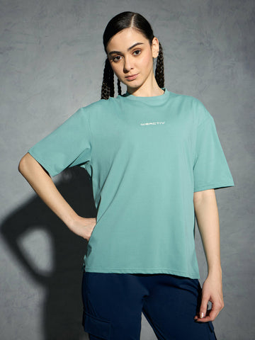 W142 Women Printed Boxy Fit Round Neck T-shirt with COTFLEX | LAKE GREEN