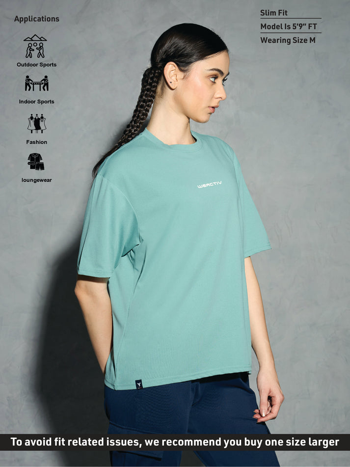 W142 Women Printed Boxy Fit Round Neck T-shirt with COTFLEX | LAKE GREEN