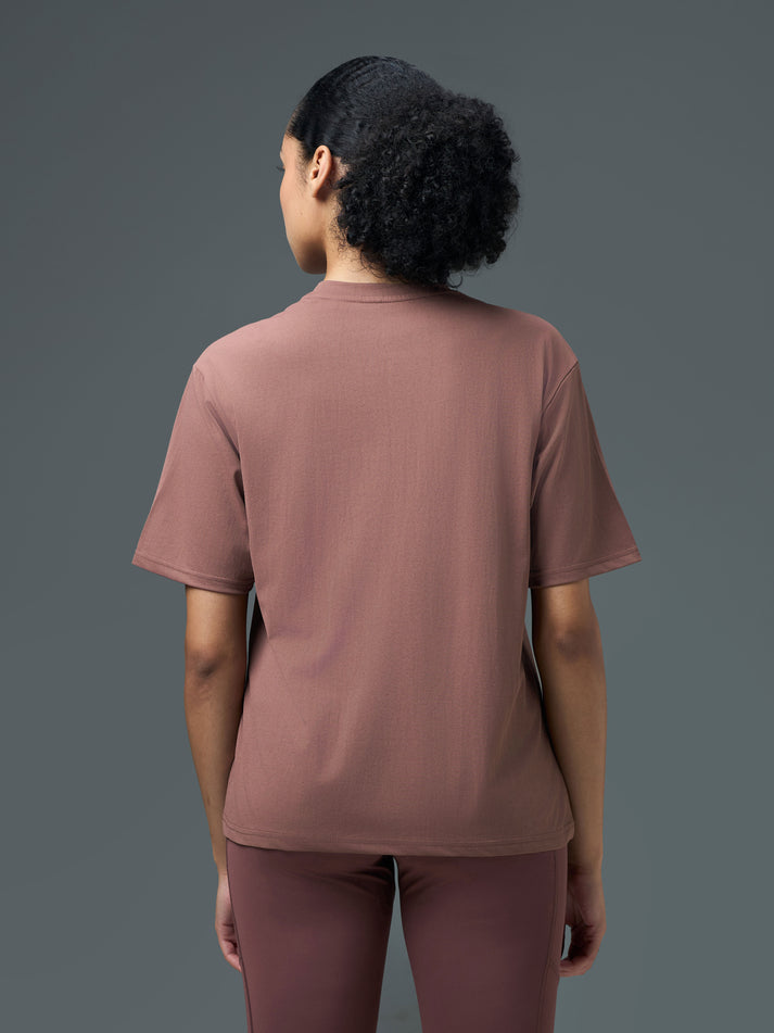W142 Women Printed Boxy Fit Round Neck T-shirt with COTFLEX | OX BLOODED RED