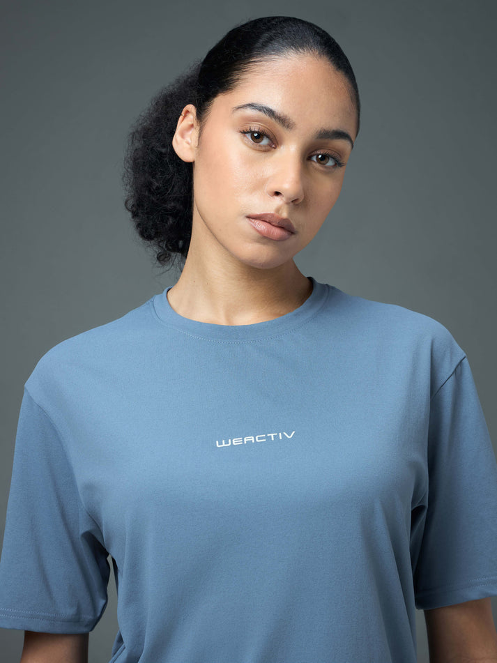 W142 Women Printed Boxy Fit Round Neck T-shirt with COTFLEX | BLUE STONE