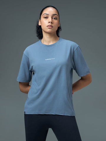 W142 Women Printed Boxy Fit Round Neck T-shirt with COTFLEX | BLUE STONE