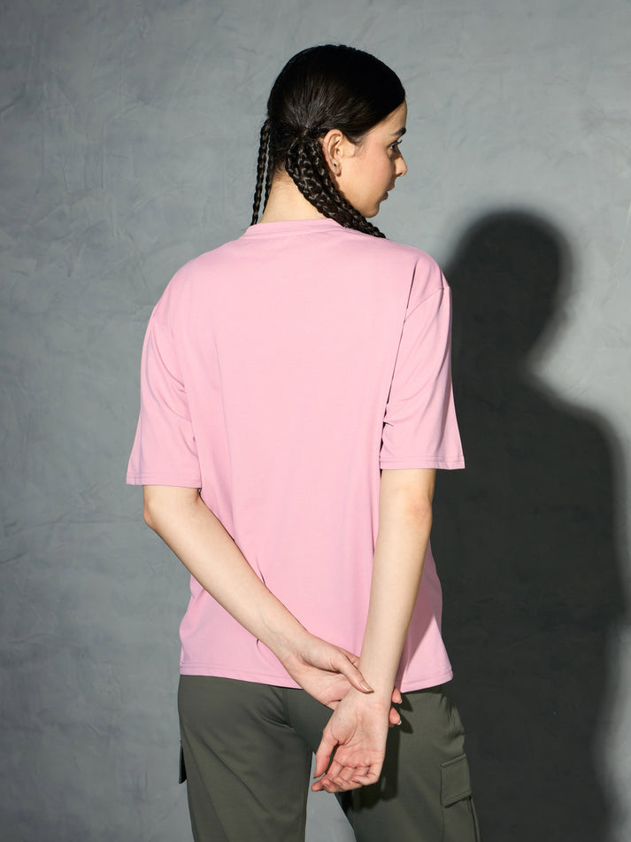 W142 Women Printed Boxy Fit Round Neck T-shirt with COTFLEX | PINK
