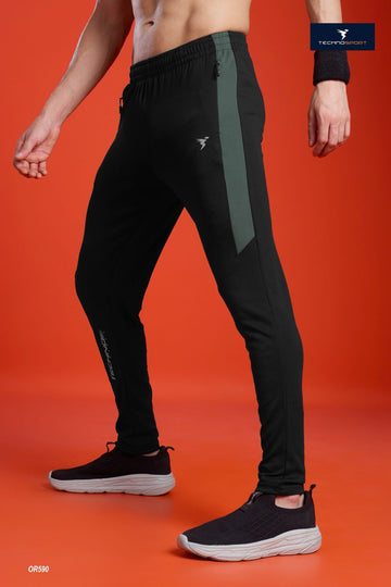 OR590 Men Solid Slim Fit Trackpants with ELASTO PLUS | BLACK- Trekking green