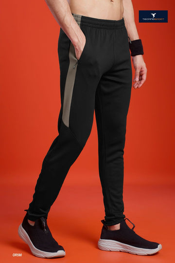 OR590 Men Solid Slim Fit Trackpants with ELASTO PLUS | BLACK-Smokey olive