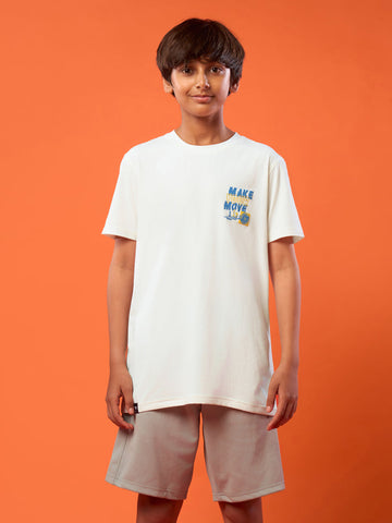 BR163 Boys Printed Slim Fit Round Neck Sports T-shirt with COTFLEX | OFF WHITE