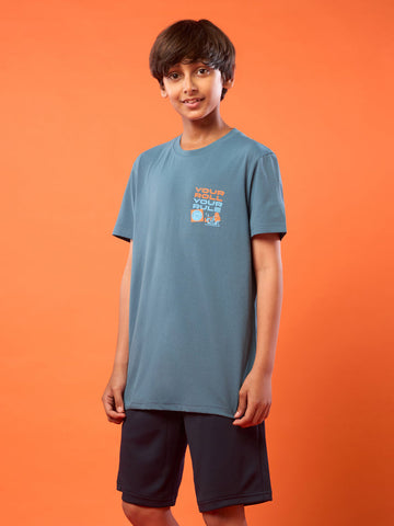 BR163 Boys Printed Slim Fit Round Neck Sports T-shirt with COTFLEX | Blue stone
