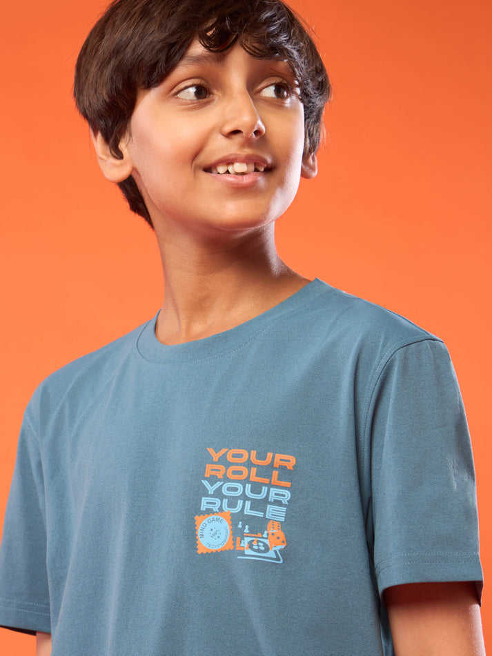BR163 Boys Printed Slim Fit Round Neck Sports T-shirt with COTFLEX | Blue stone