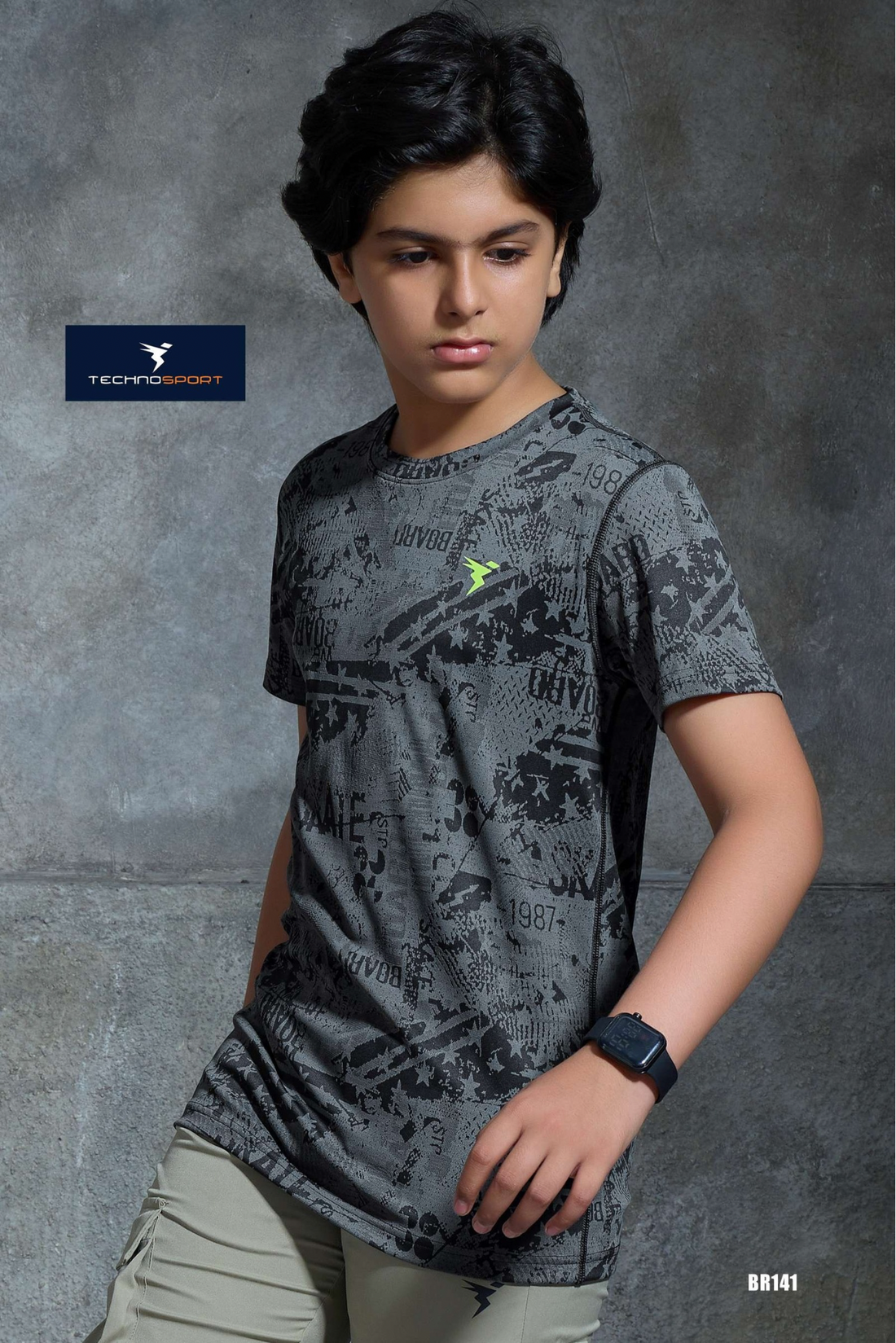 BR141 Boys Melange Crew Neck Slimfit Half sleeve T-shirts | WOODLAND GREY