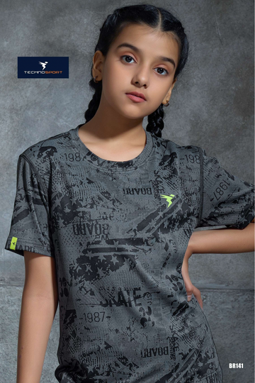 BR141 Boys Melange Crew Neck Slimfit Half sleeve T-shirts | WOODLAND GREY