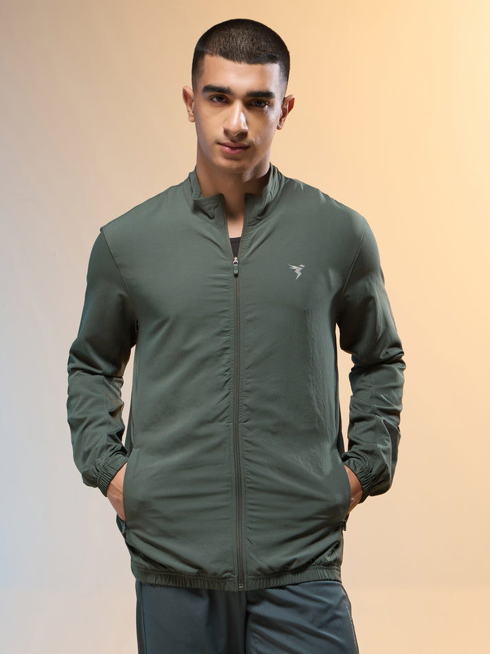 PM86 Men Solid Slim Fit Mock Neck Jacket with TECHNOLITE | TREKKING GREEN