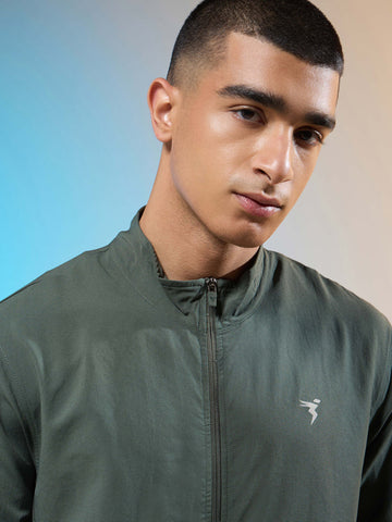 PM86 Men Solid Slim Fit Mock Neck Jacket with TECHNOLITE | TREKKING GREEN