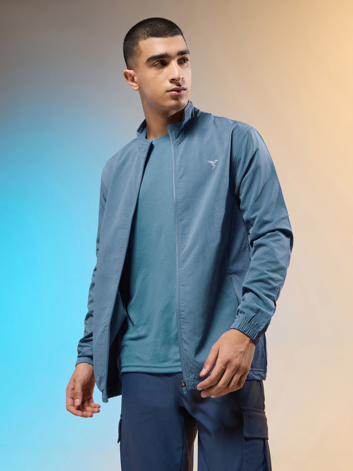 PM86 Men Solid Slim Fit Mock Neck Jacket with TECHNOLITE |STONE BLUE