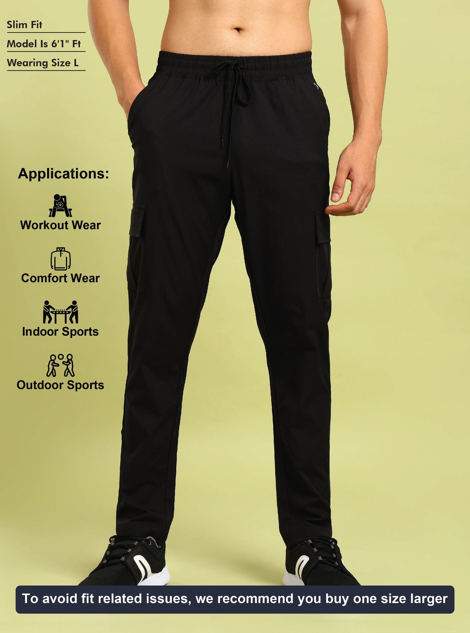 OR99 Men Solid Relax Fit Sports Cargo Trackpants | BLACK